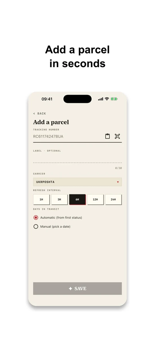 PackTrack на iOS: дадаванне пасылкі і выбар перавозчыка. Інтэрфейс па-англійску.