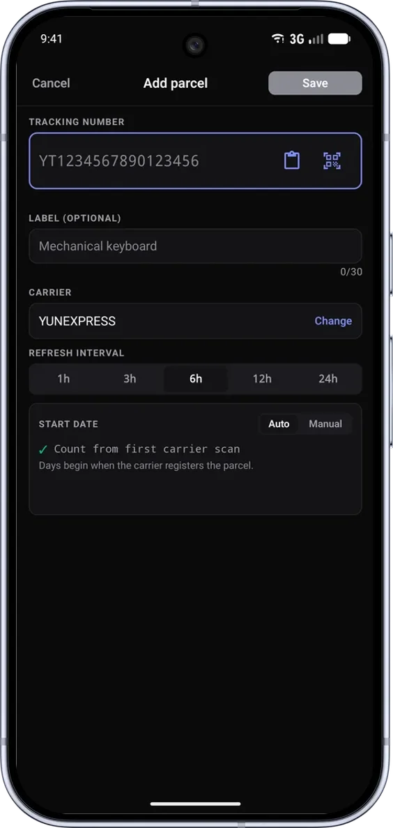 PackTrack na Android: přidání zásilky a výběr dopravce. Rozhraní v angličtině. Styl: Klasický. Motiv: Tmavý.