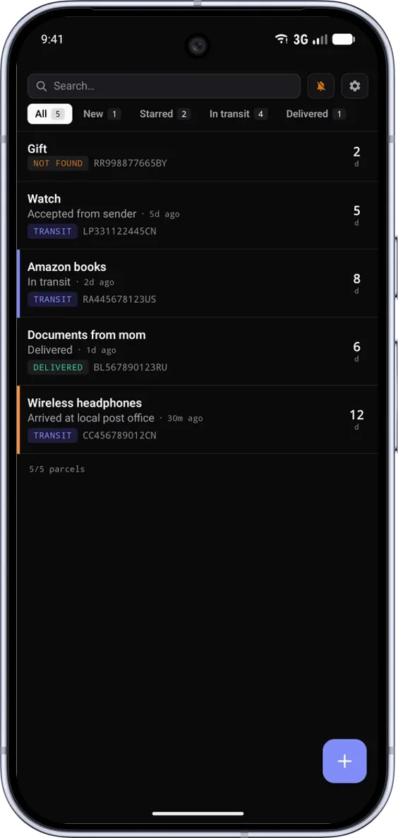 PackTrack na Android: seznam zásilek s vyhledáváním, filtry a počtem dní na cestě. Rozhraní v angličtině. Styl: Klasický. Motiv: Tmavý.