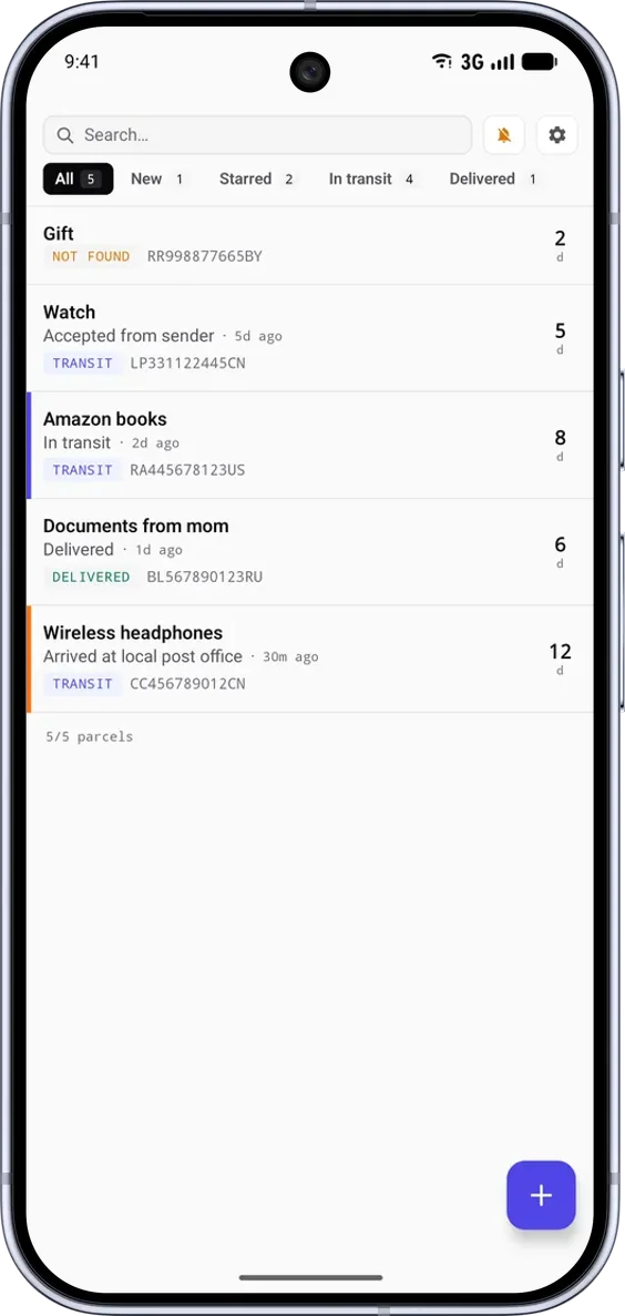PackTrack na Android: seznam zásilek s vyhledáváním, filtry a počtem dní na cestě. Rozhraní v angličtině. Styl: Klasický. Motiv: Světlý.