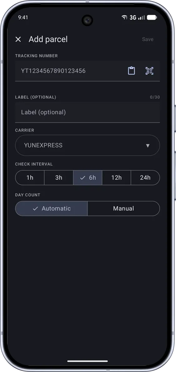 PackTrack na Android: přidání zásilky a výběr dopravce. Rozhraní v angličtině. Styl: Moderní. Motiv: Tmavý.