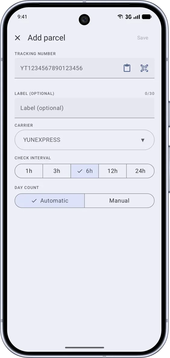 PackTrack na Android: přidání zásilky a výběr dopravce. Rozhraní v angličtině. Styl: Moderní. Motiv: Světlý.