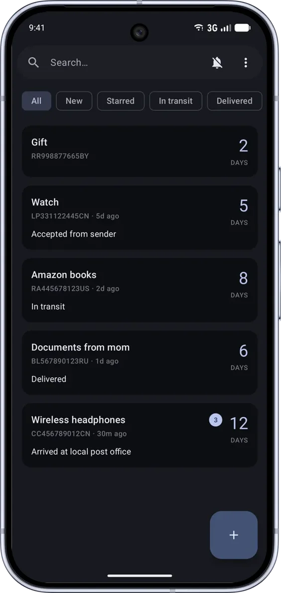 PackTrack na Android: seznam zásilek s vyhledáváním, filtry a počtem dní na cestě. Rozhraní v angličtině. Styl: Moderní. Motiv: Tmavý.