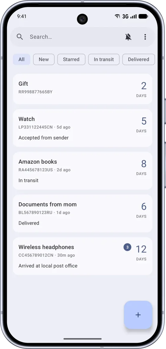 PackTrack na Android: seznam zásilek s vyhledáváním, filtry a počtem dní na cestě. Rozhraní v angličtině. Styl: Moderní. Motiv: Světlý.