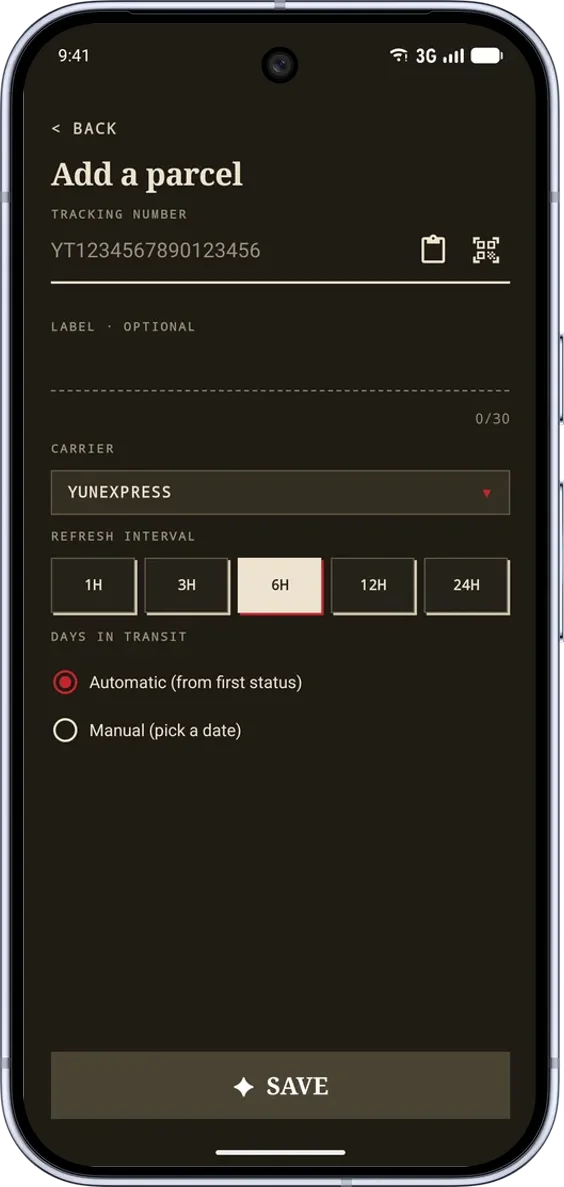 PackTrack na Android: přidání zásilky a výběr dopravce. Rozhraní v angličtině. Styl: Poštovní. Motiv: Tmavý.