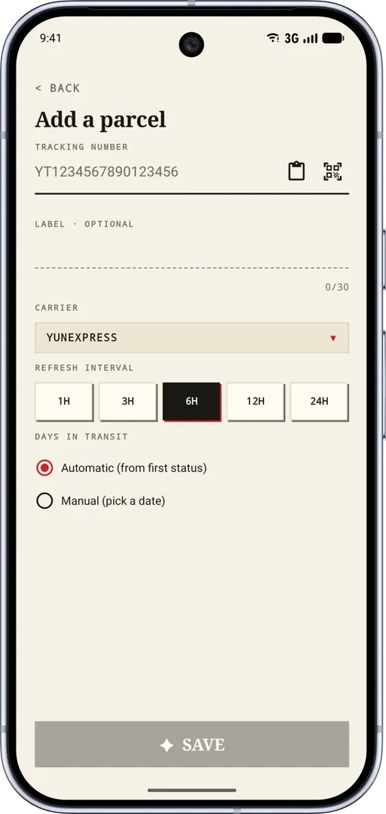 PackTrack na Android: přidání zásilky a výběr dopravce. Rozhraní v angličtině. Styl: Poštovní. Motiv: Světlý.