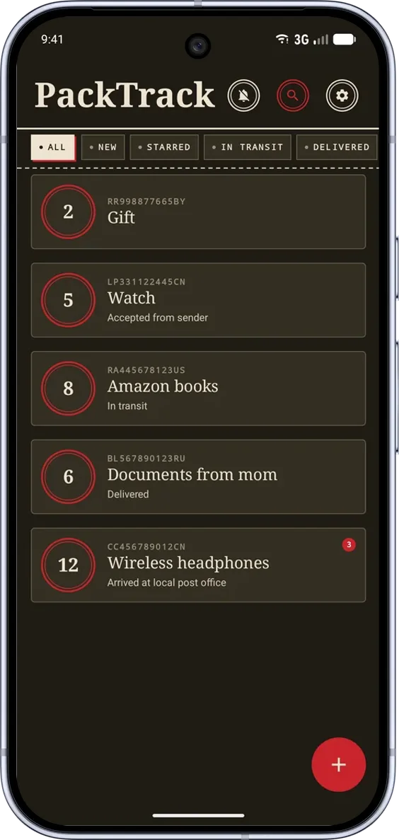 PackTrack na Android: seznam zásilek s vyhledáváním, filtry a počtem dní na cestě. Rozhraní v angličtině. Styl: Poštovní. Motiv: Tmavý.