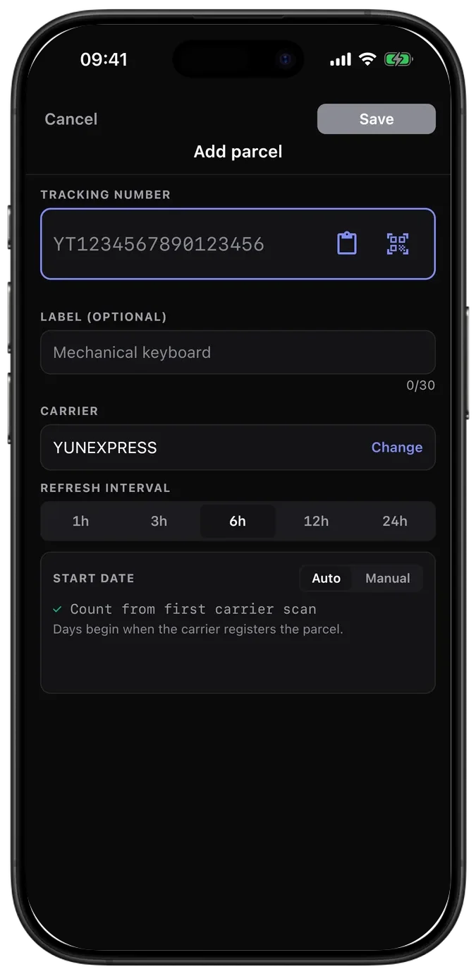 PackTrack na iOS: přidání zásilky a výběr dopravce. Rozhraní v angličtině. Styl: Klasický. Motiv: Tmavý.
