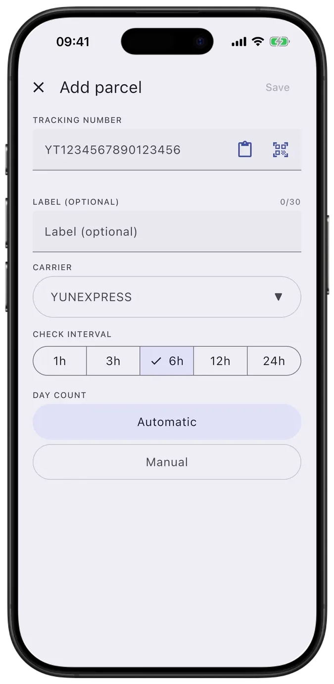 PackTrack na iOS: přidání zásilky a výběr dopravce. Rozhraní v angličtině. Styl: Moderní. Motiv: Světlý.
