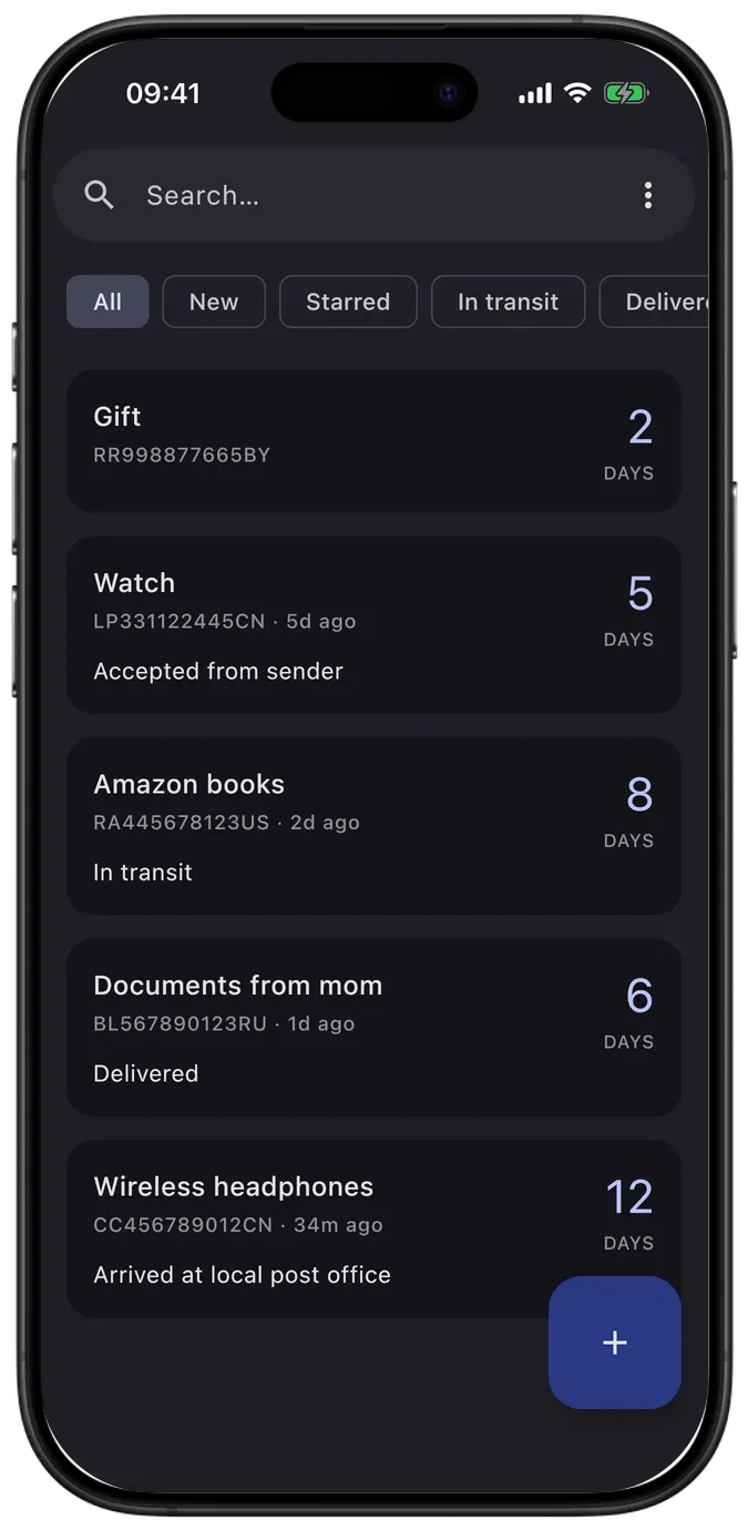 PackTrack na iOS: seznam zásilek s vyhledáváním, filtry a počtem dní na cestě. Rozhraní v angličtině. Styl: Moderní. Motiv: Tmavý.
