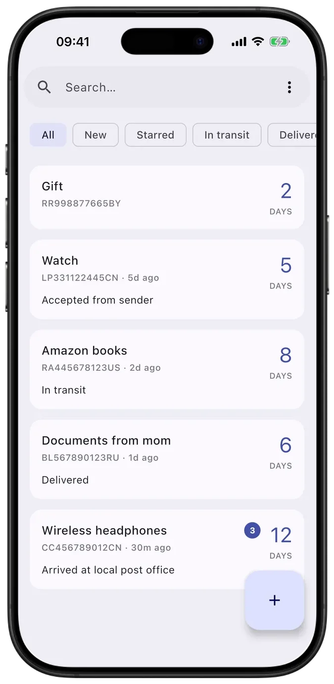 PackTrack na iOS: seznam zásilek s vyhledáváním, filtry a počtem dní na cestě. Rozhraní v angličtině. Styl: Moderní. Motiv: Světlý.