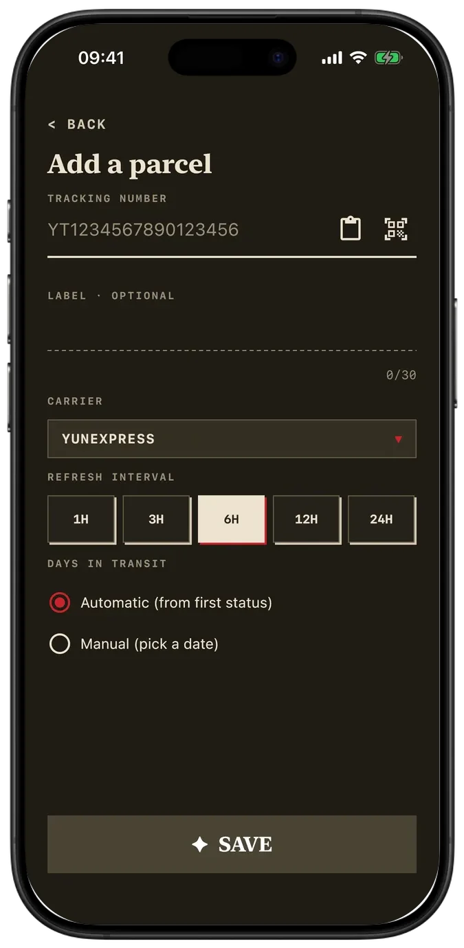 PackTrack na iOS: přidání zásilky a výběr dopravce. Rozhraní v angličtině. Styl: Poštovní. Motiv: Tmavý.